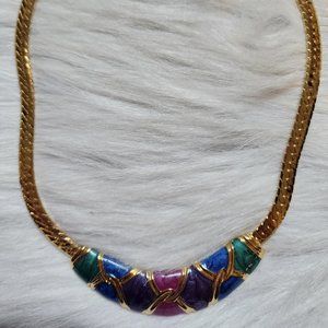 Vintage 80’s Flat Herringbone Enamel Necklace gold toned multicolor